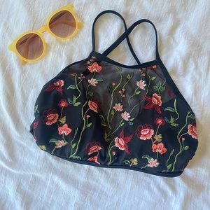 Black and embroidered meshed swim top